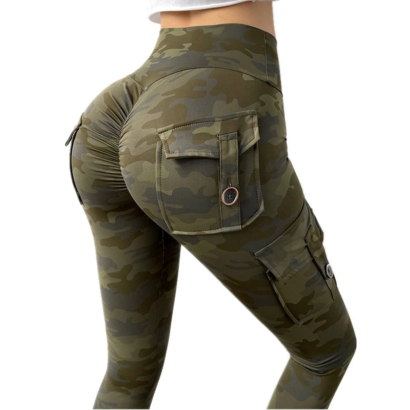 Pockets Camouflage Print Full Length Fitness Leggings Scrunch Butt Women Tummy Control High Waist Elastic Quick-Dry Breathable