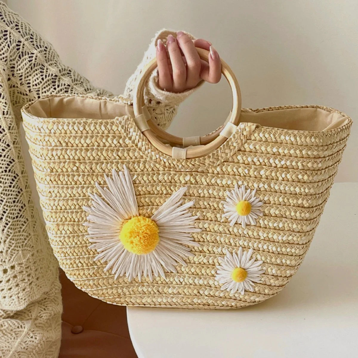 New Summer Woven Straw Bag Embroidered Women's Straw Handbag Ins Style Top Handle Purse for Seaside Vacation