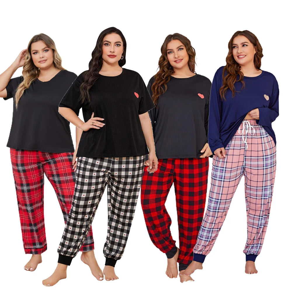 4XL Plus Size Women's Winter Sleepwear 2-Piece Pajamas Set Breathable Thermal Plaid Lounge Wear