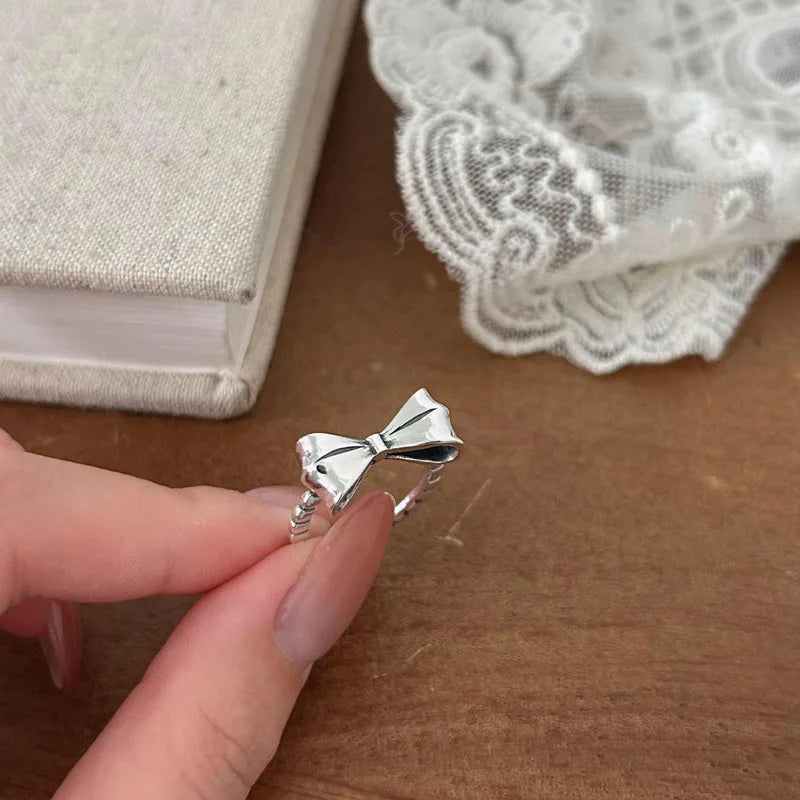 Retro 925 Sterling Silver Open Adjustable Bowknot Finger Rings for Girls Women Gifts Fine Jewelry