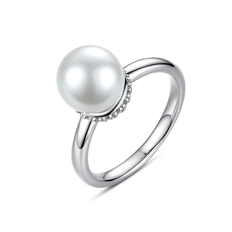 LUOTEEMI Simple Style Glass Round White Pearl Rings for Women Rhodium Plated Wholesale Finger Brass Ring