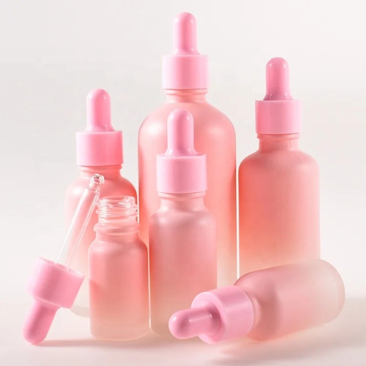 Painting Gradient Red Color Cosmetic Essence Oil Glass Bottle with pink Rubber Dropper Bottle 5ml 10ml 20ml 50ml 100ml