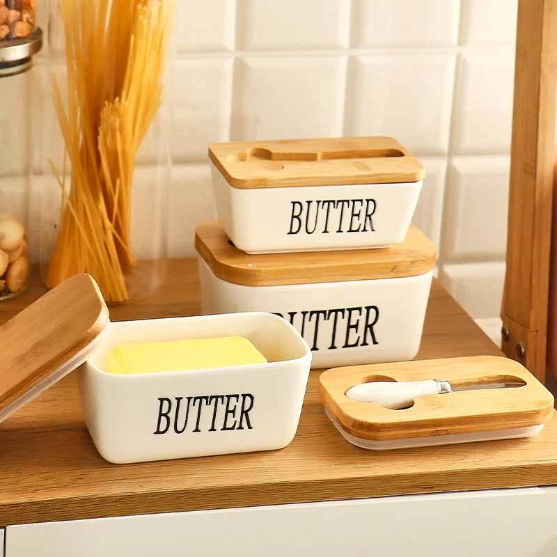 Wholesale Rectangular Cute Nordic Modern Small Ceramic Butter Dish With Knife and Seal Bamboo Lid