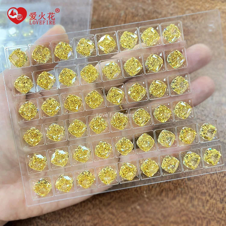 Top Quality Artificial Gemstone 4K Crushed Ice Cut Cushion Shape Vivid Yellow Loose Synthetic Cubic Zirconia