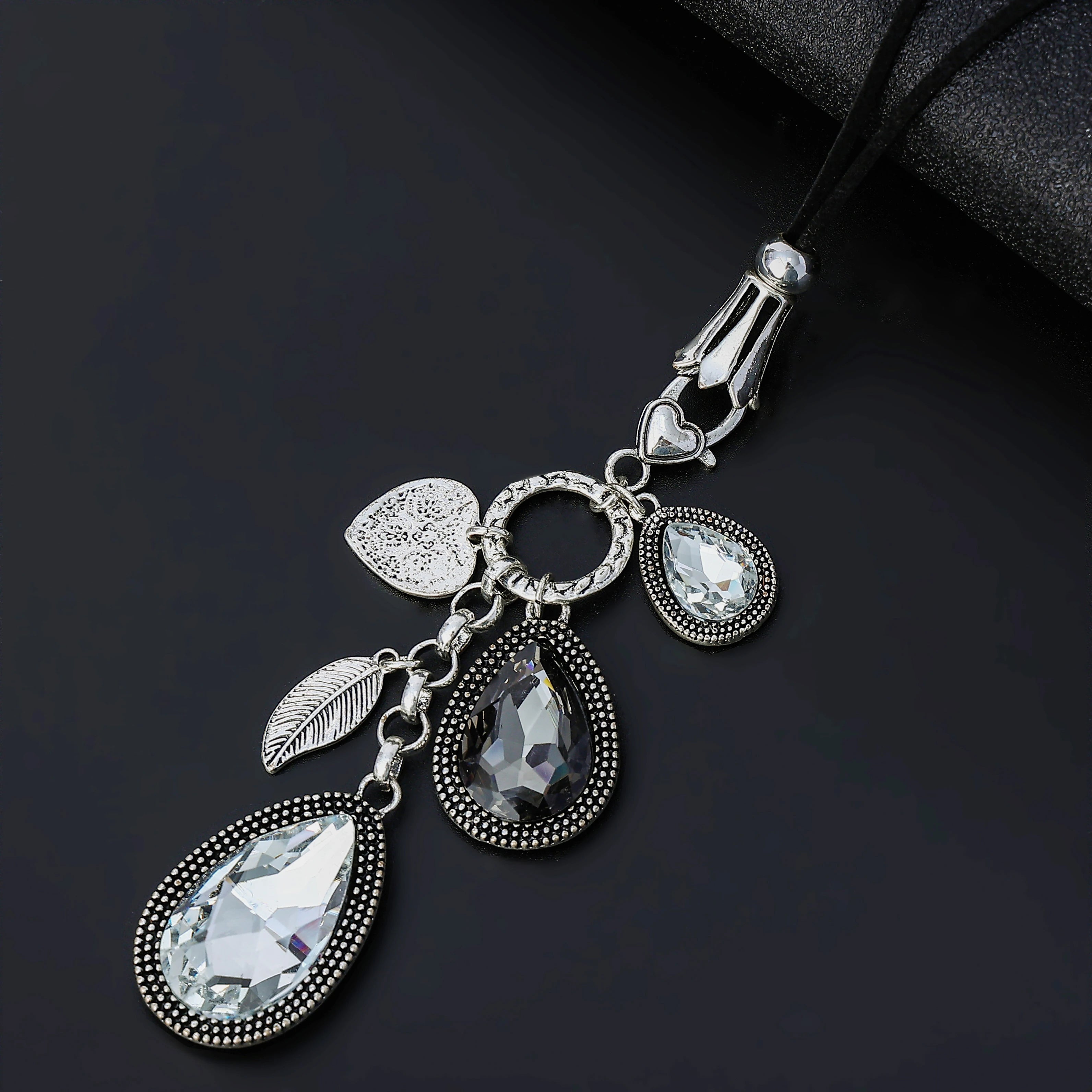 TongLing European Women Necklace Jewelry Vintage Alloy Luxury Shiny Rhinestone Heart Charms Water Drop Pendant Necklace