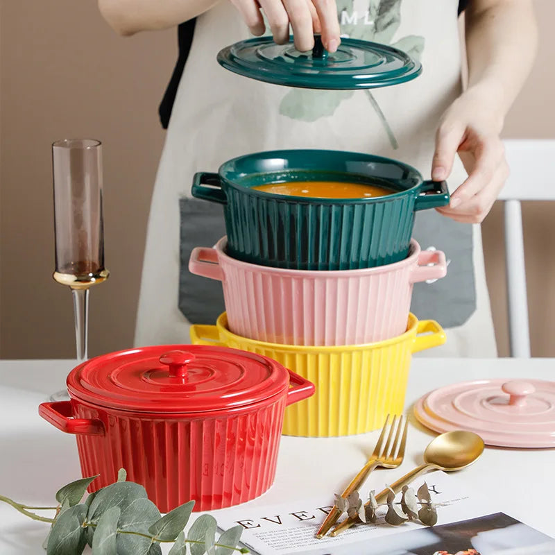 SOLHUI Salad Soup Ceramic Bowl With Lid and Handle Gift Set Custom Stoneware Sauce Noodle Ramen Rice Fruit Serving Bowl Set