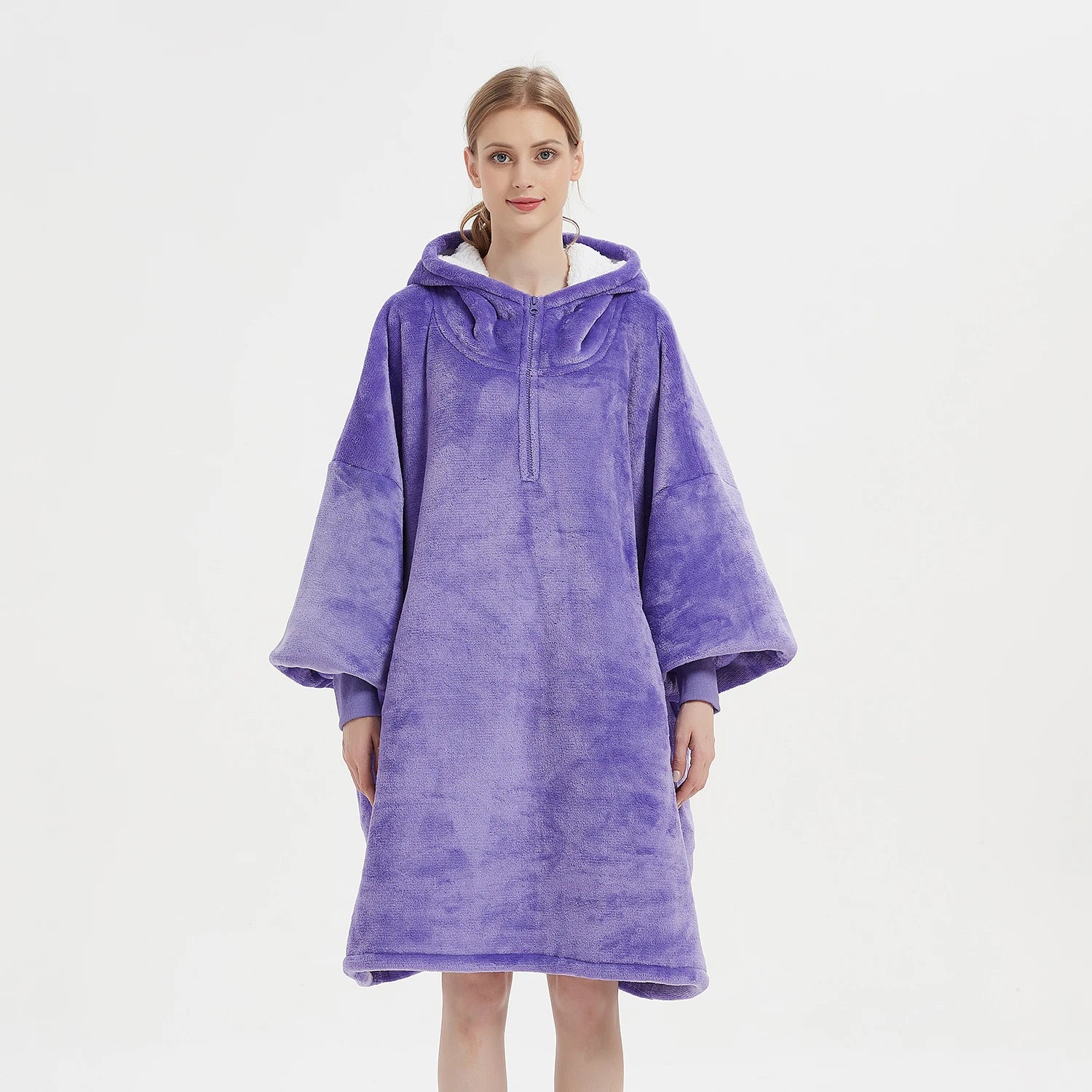 Manufacture Wearable Solid Purple Short Zipper Blanket Sweatshirt Oversized Blanket Hoodie Flannel Fleece Sherpa Blanket