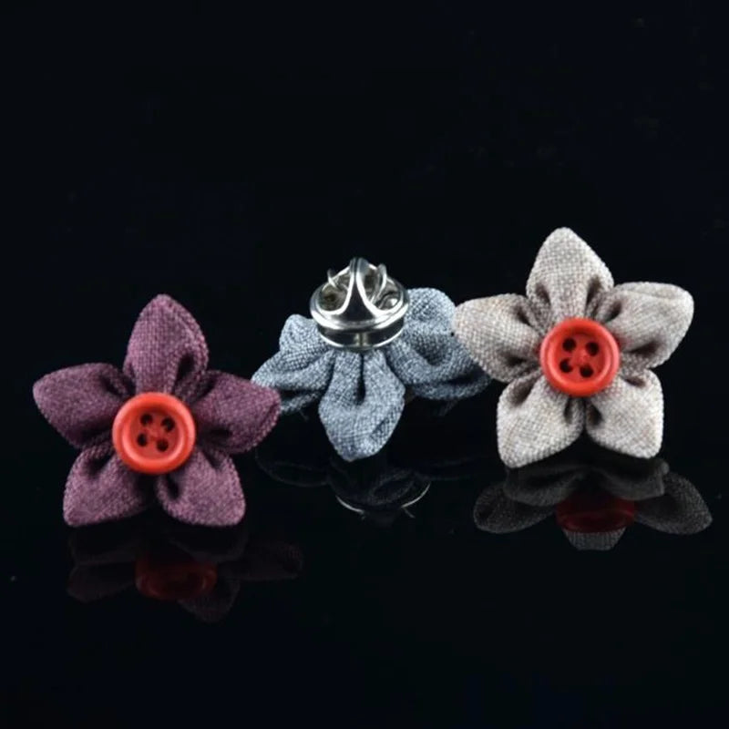 Hot Selling Formal Five Star butterfly Fabric Flower Brooch Lapel Pin With Button for Men