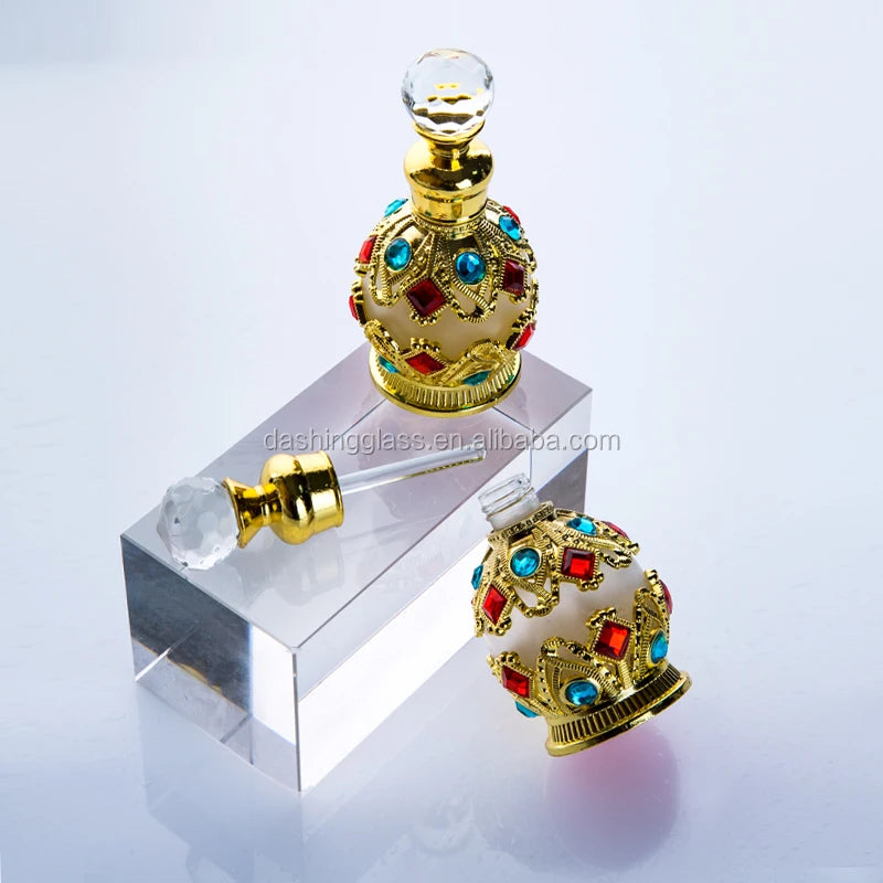 Luxury Arabian Attar Oud Essential Oil Glass Crystal Flacon Attar Bottle 15ml 20ml 25ml with Glass Sticker