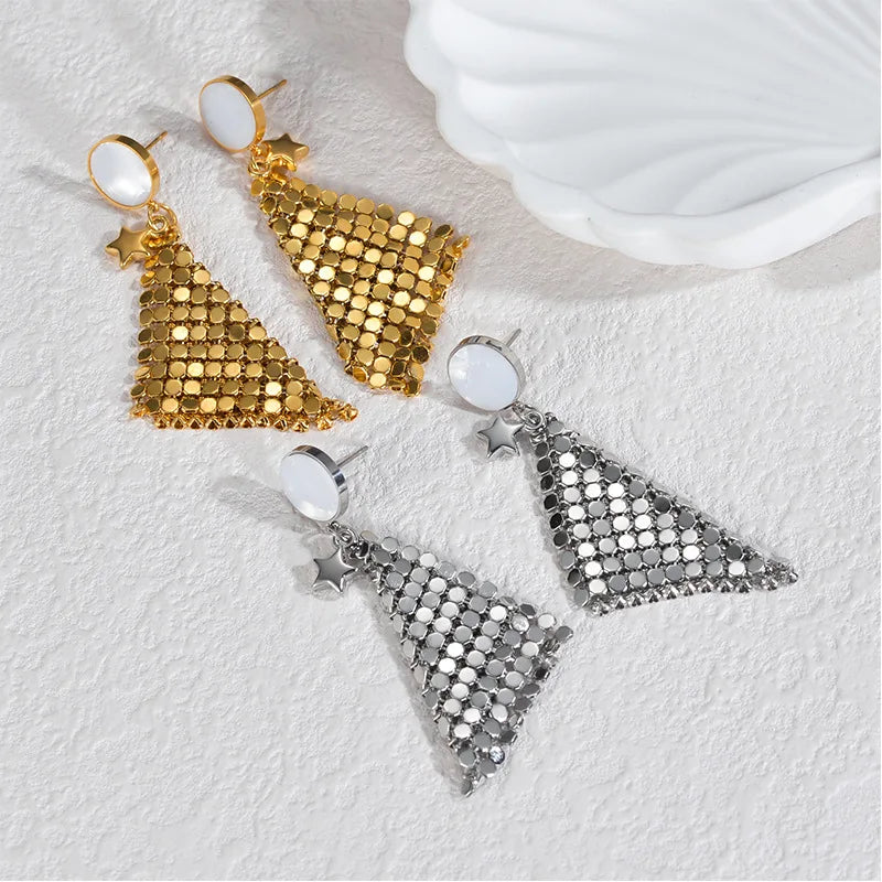 New Creative Geometric Long Pendant Earrings 18k Gold-plated Stainless Steel Rhombus Sequin Tassel Design Mesh Earrings Jewelry