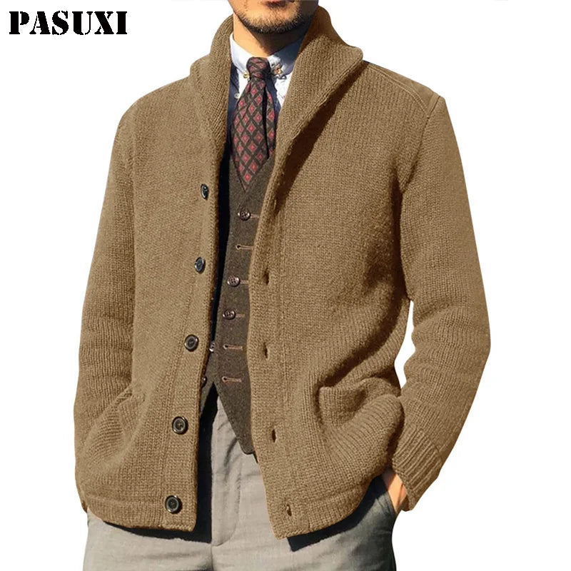 PASUXI 2026 Autumn and Winter New Sweater Mens Solid Color Long Sleeved Knitted Cardigan Coat Sweater