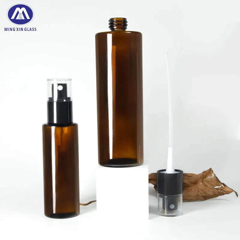 Modern Beauty 50ml Round Brown Amber Glass Body Atomizer Spray Mist Bottles with Rubber Stopper Empty and Carton Packed