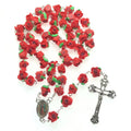 Red Soft Ceramic Rose Beads Rosary Polymer Clay Necklace With Jesus Cross Virgin Guadalupe Rosary Center
