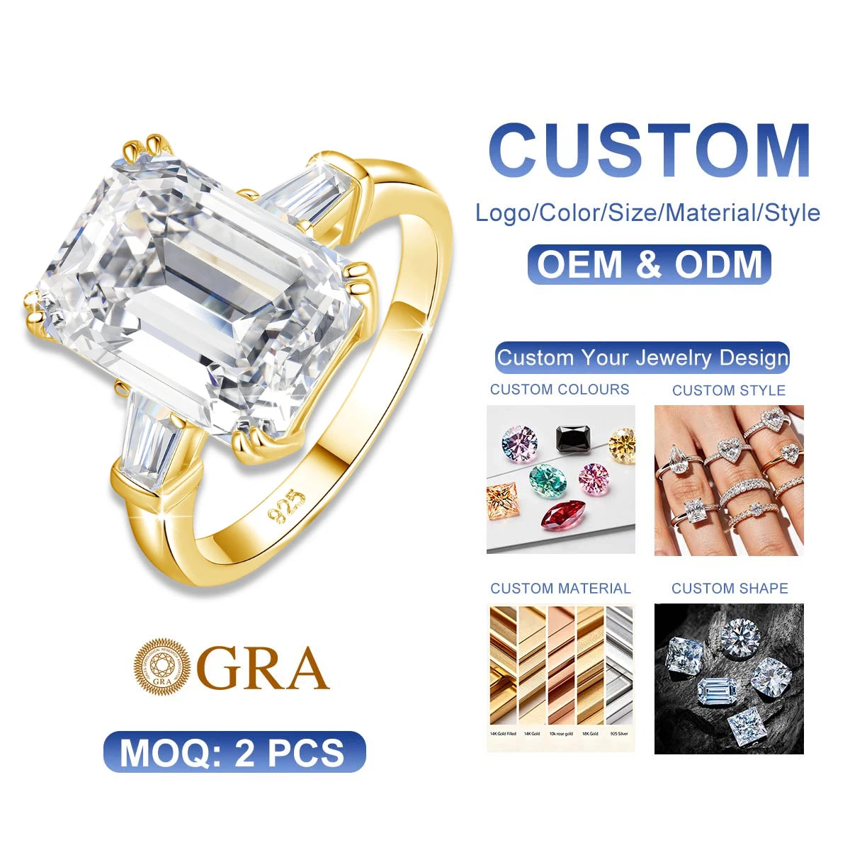 Fine Quality Jewelry Engagement Gifts Beautiful Luster Huge 10 Carat Emerald Moissanite 925 Silver White Gold Rings for Women