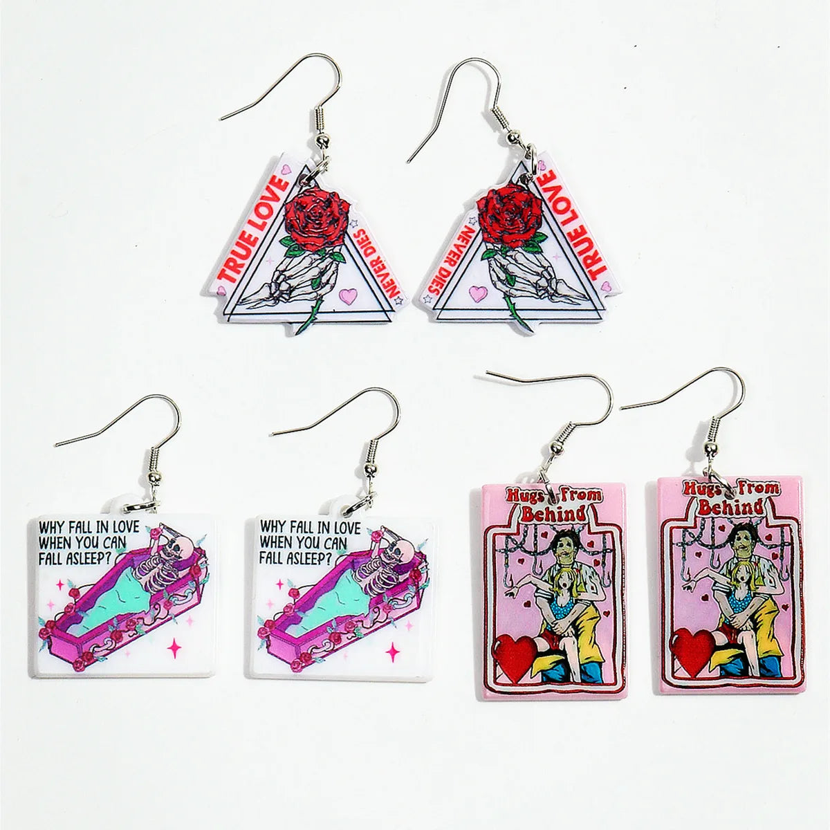 2024 Geometry Horror Skull Valentine's Day Jewelry Rose Devil Coffin Pink LOVE Double-sided Printed Heart Acrylic Drop Earrings