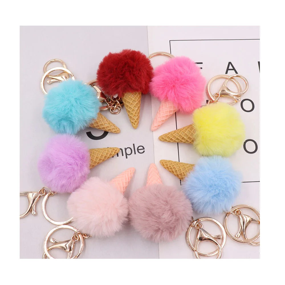 New Multicolor Furry Cute Ice Cream Tassel Pendants Keyring Women Bag Car Key Accessories Fur Pom Pom Ball Keychain