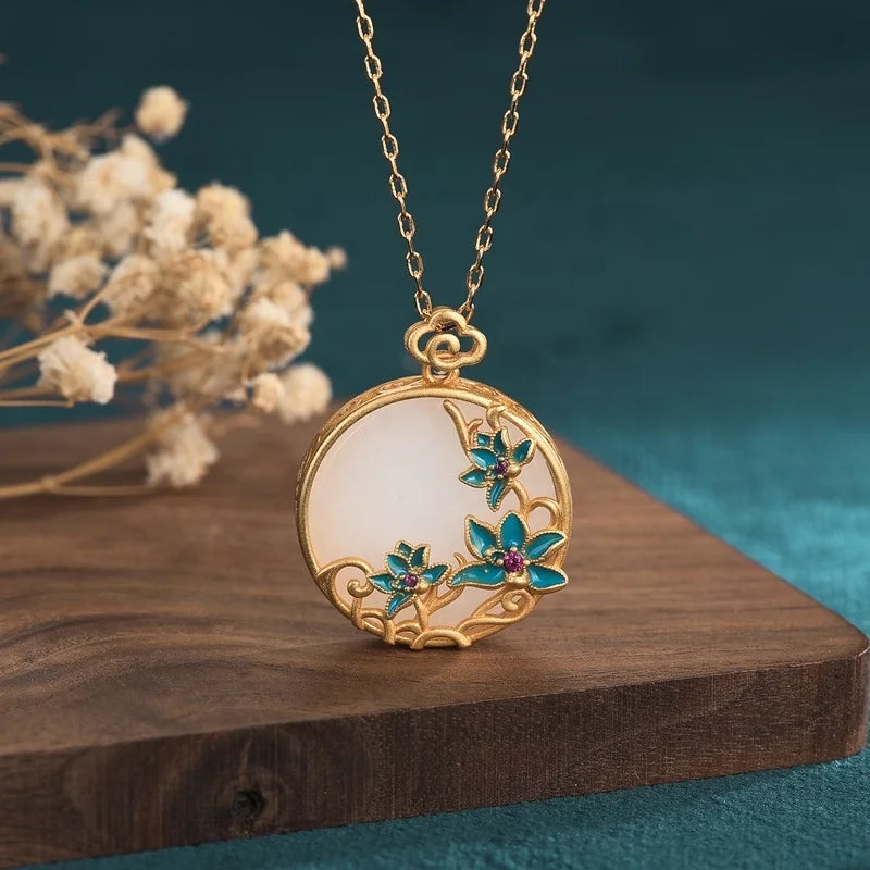 Vintage Hotan Jade Necklace Jewelry Copper Gilded Chinese Style Gilded Blue Cloisonne Lotus Jade Stone Necklace