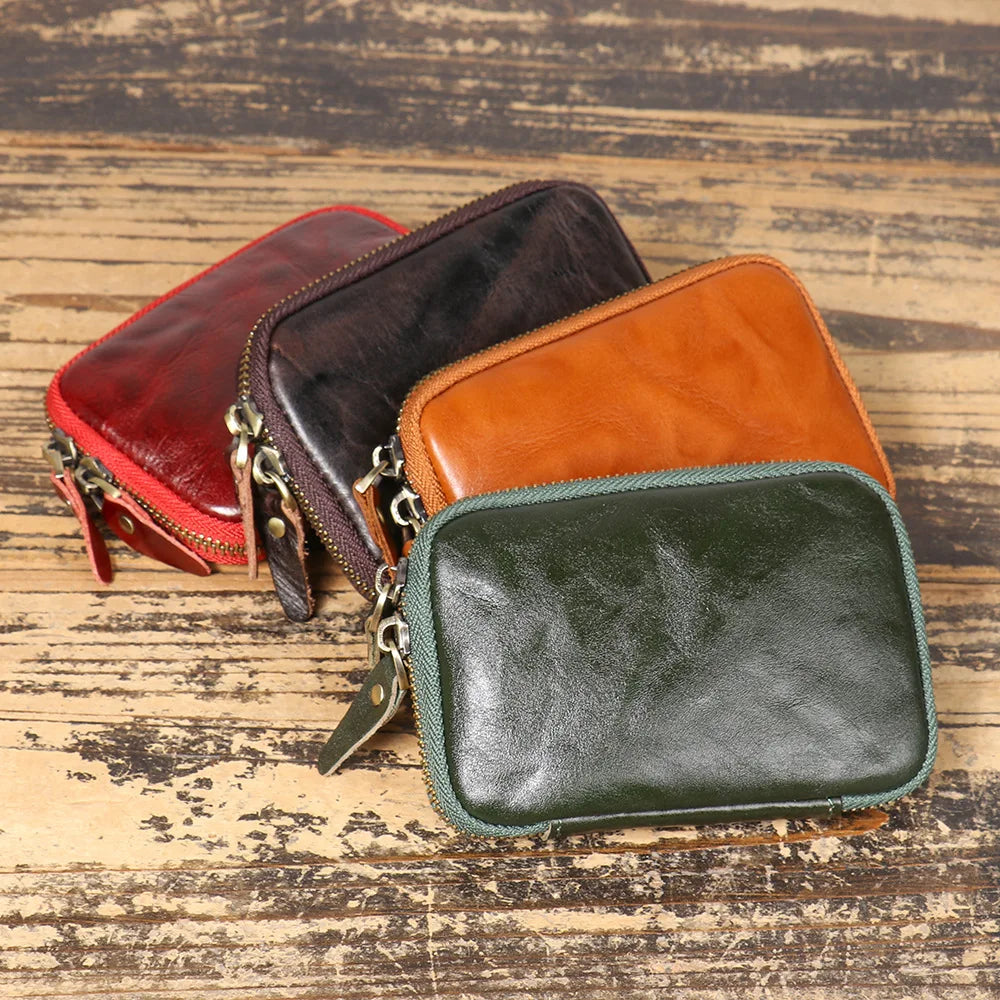 New vegetable-tanned leather retro multi-functional zipper cowhide leather change card bag genuine leather storage key wallets