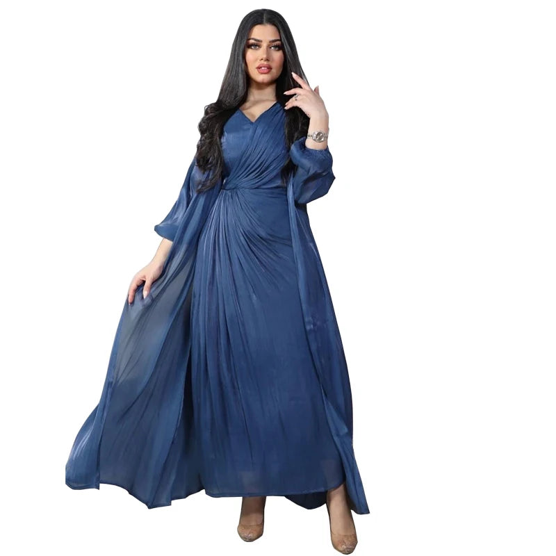 2023 Middle East Satin Open Abaya Dress Set 2 Pieces Bright Shiny with Inner Sleeveless Kaftan for Adults from Dubai Turkey