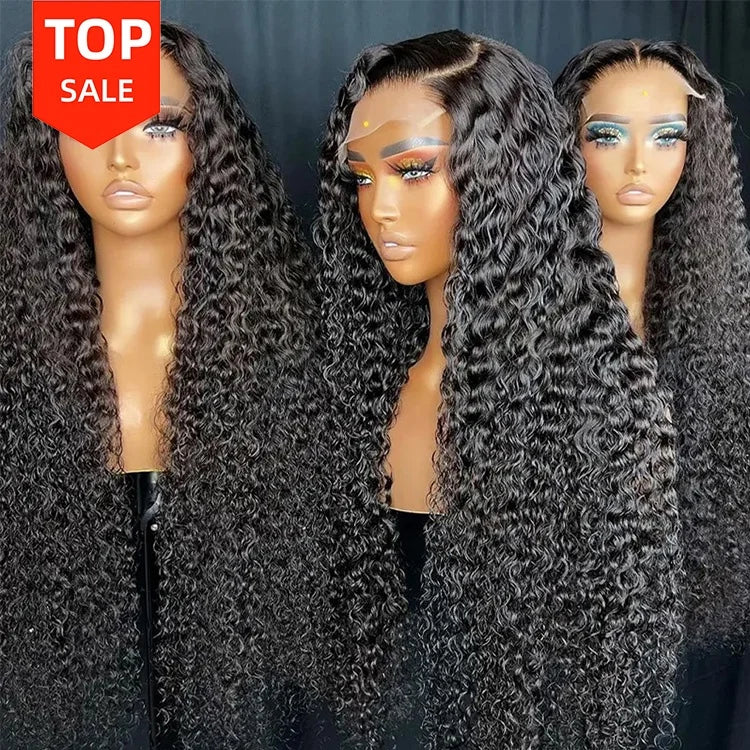 Deep Wave Curly Virgin Human Hair Natural Color 180% Density Lace Closure Wig 4x4 5x5 6x6 Medium Brown HD Lace Closure Wig