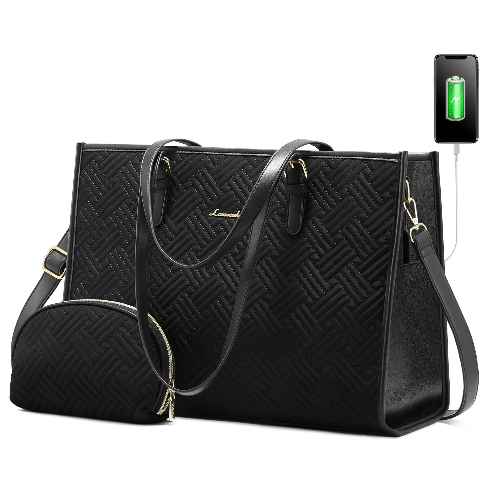 LOVEVOOK PU+Nylon 2pcs 15.6 Inch Computer Tote Handbag Ladies Shoulder Bag Purse Business Work Briefcase Laptop Bag for Women