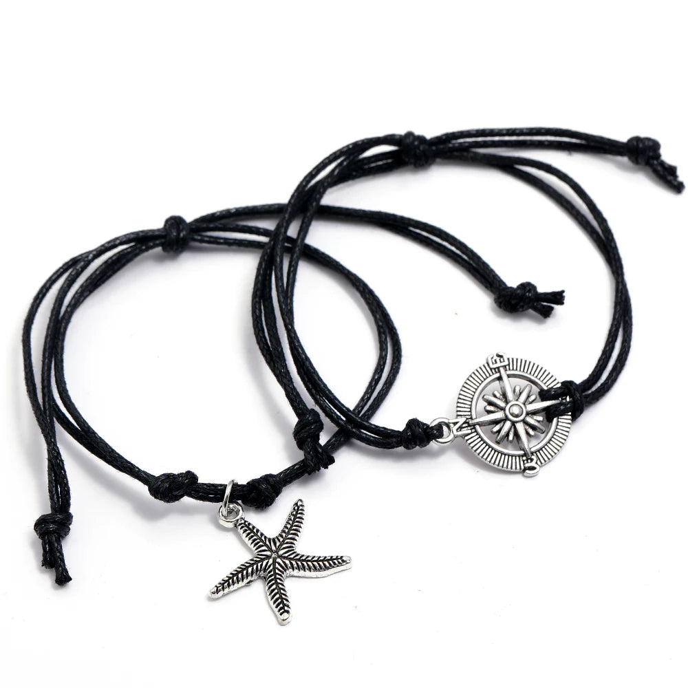 Best Friend Bracelets Hot Selling Hemp Rope Braided BFF Wrap Bangle with Starfish and Compass Butterfly Shape for Gift
