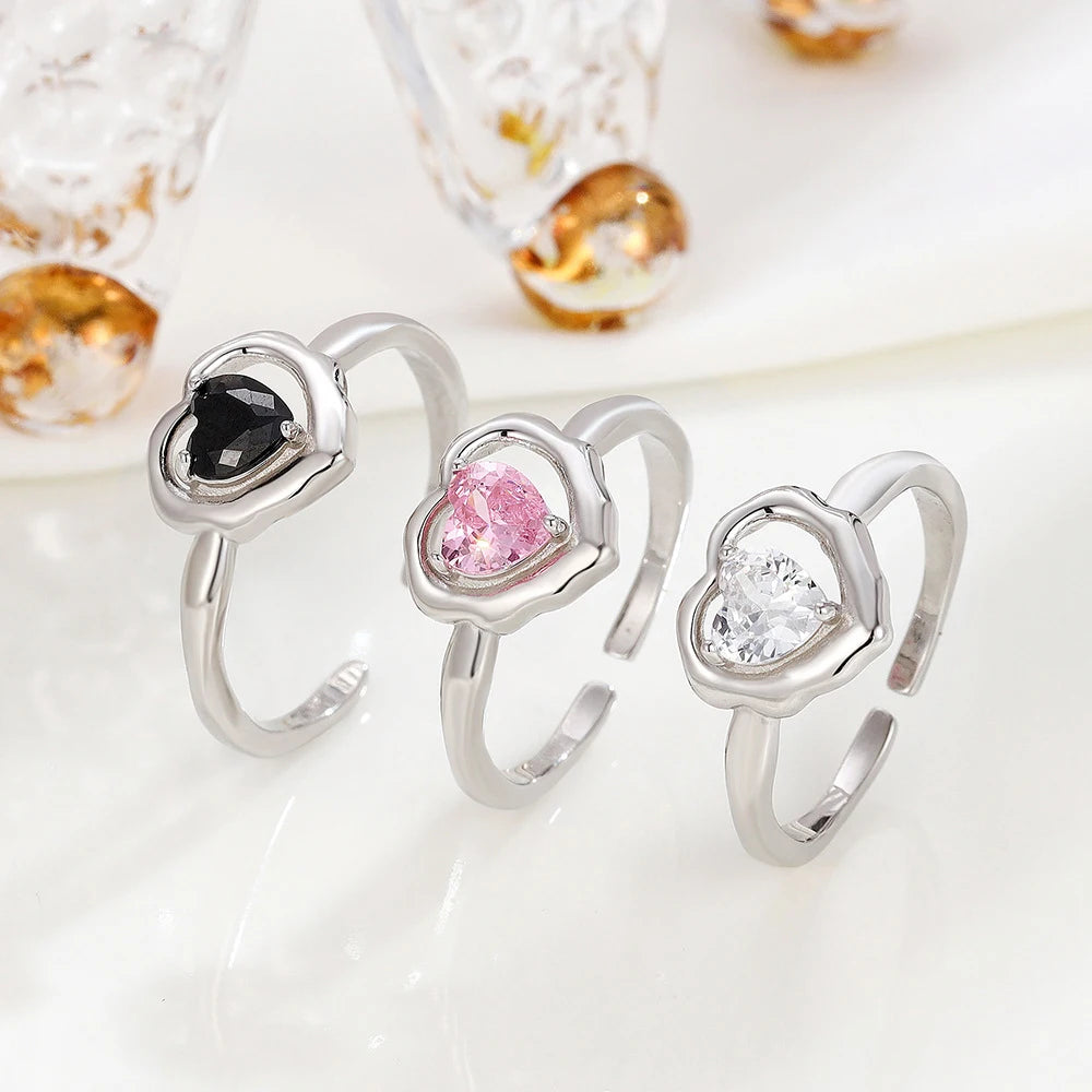 925 Sterling Silver Women's Trendy Heart-Shaped Open Adjustable Ring Zircon Engagement Party Anniversary Wedding