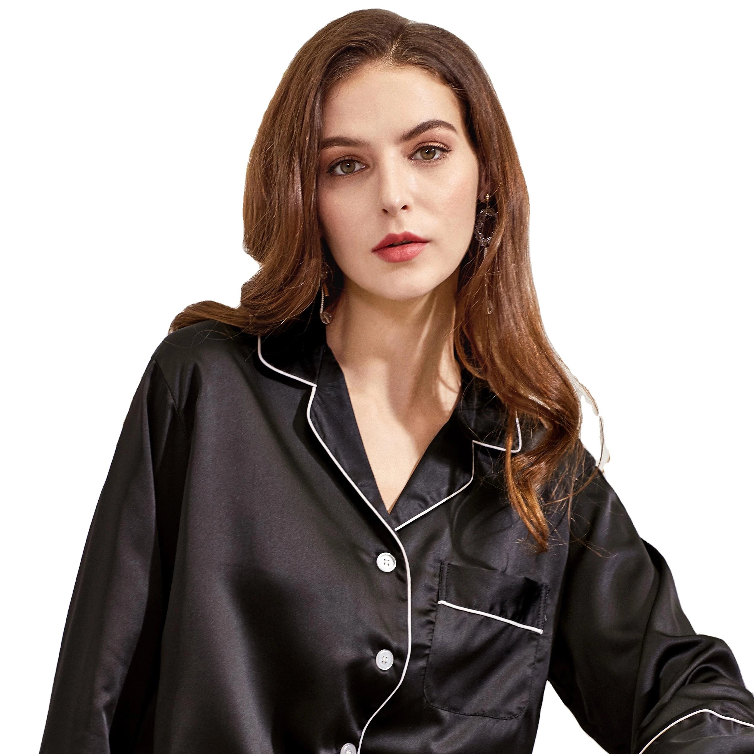 Fung Item 6002Designer Luxury Ice Silk Pajama Long Sleeve 2 Pieces Satin Women Sleepwear Set