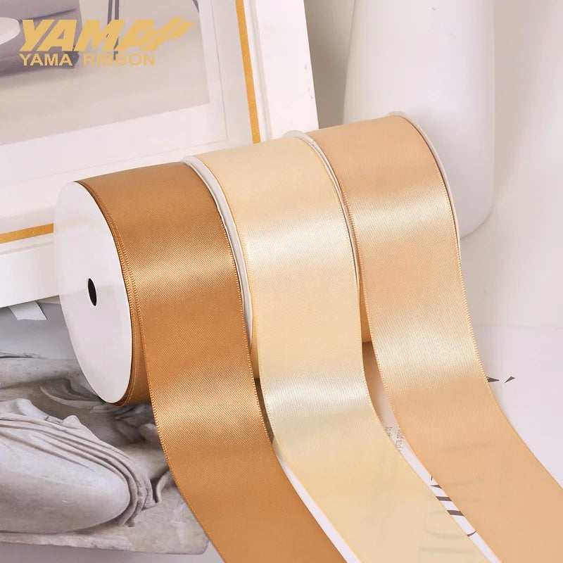 Yama personalized 100% polyester fabric 38mm width gift wrapping light brown satin ribbon roll for packaging
