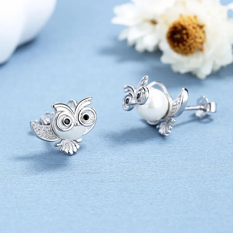 Real Silver 925 Pearl Stud Earrings Cute Owl Design Ear Piercing for Kids Gift