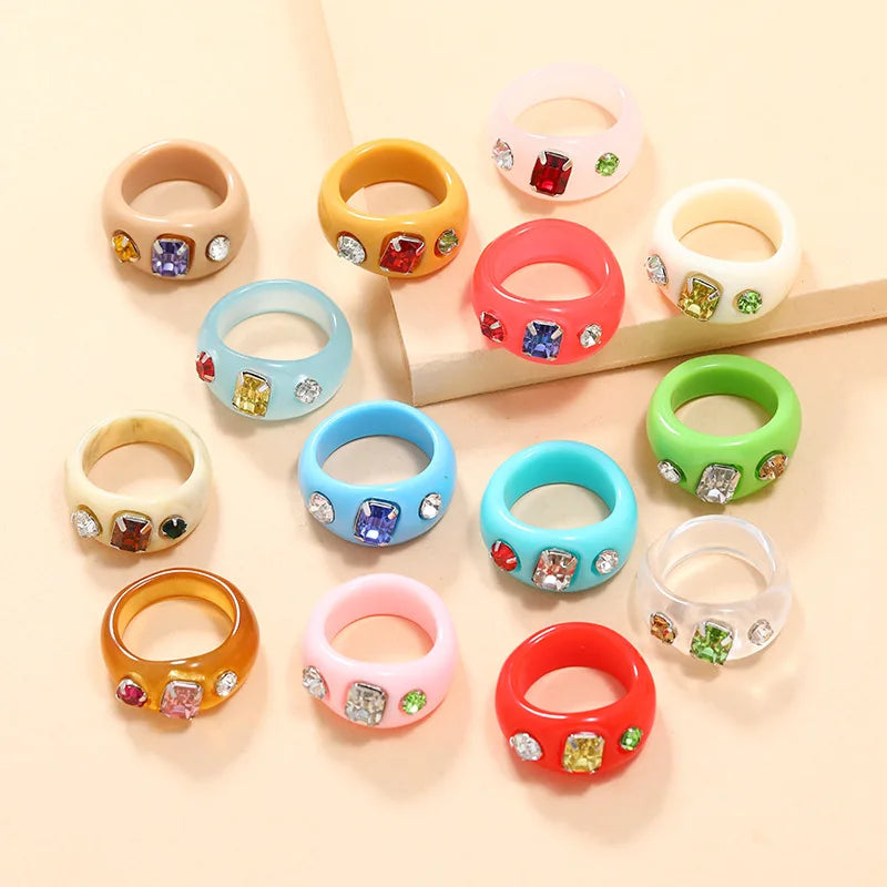 Promotional Sales Crystal Jewelry Colorful Dome Chunky Plastic Rings Cute Clear Acrylic Gemstone Resin Rings Wholesale