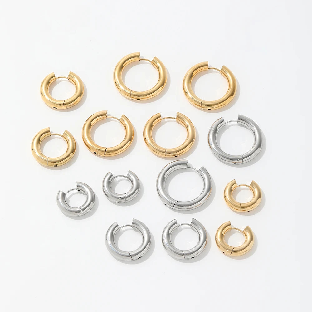 Fenny Waterproof Chunky Simple Circle Plain Smooth Hoop Earring Trendy for Women Wholesale Stainless Steel Ladies Jewelry