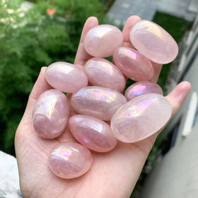 China Supplier New Arrival Aura Rose Quartz Tumble Pink Crystal Oval Shape Tumbled for Sale