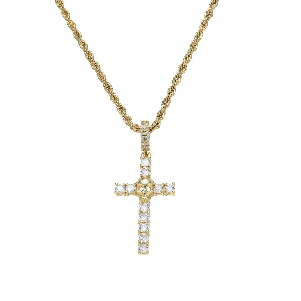 CN444  Skull Head Cross Pendant Brass CZ Claw Setting Men Hip Hop Necklace