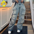 2025 New Arrival Womens Cargo Pants Fashion High Waist Straight Baggy Jean Retro Aesthetic Multi-pocket Trousers Women Clothing
