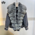 Janefur New Arrival Down Crop Denim Jacket Coat Real Fox Fur Trim Women's Fur Jeans Jacket