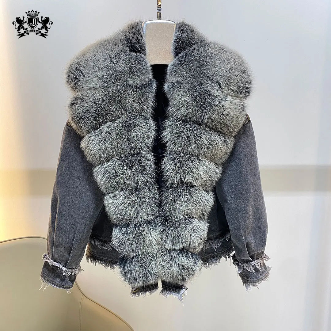 Janefur New Arrival Down Crop Denim Jacket Coat Real Fox Fur Trim Women's Fur Jeans Jacket