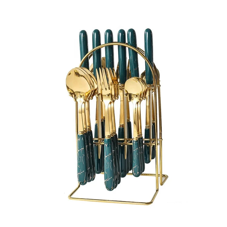 24pcs Food-Grade Ceramic Handle Stainless Steel Tableware Set Spoons for Home & Restaurant Use Rack Gift Box Gold Flatware