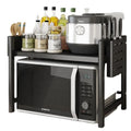 JX-Cross Hot Selling Double-Tier Telescopic Microwave Oven Rack Multi-Functional Metal Shelf with Knife Holder for Kitchen Use