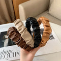 Korea Designs Latest Solid Simple Wide Thin Faux Pleated Pu Leather Hair Accessories Band Scrunchie Headband Girls Hairbands