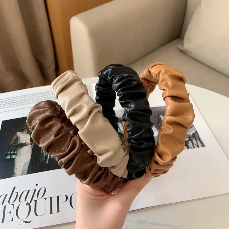 Korea Designs Latest Solid Simple Wide Thin Faux Pleated Pu Leather Hair Accessories Band Scrunchie Headband Girls Hairbands