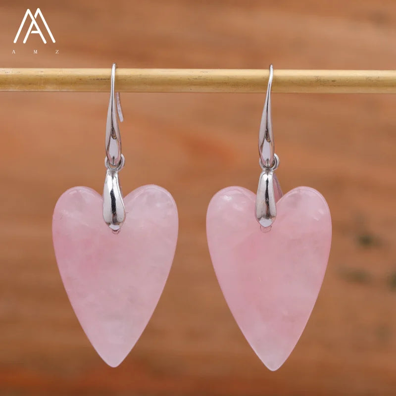Women's Silver Heart-Shaped Earrings with Natural Gemstone Healing Crystal Pendant LOVE Wedding Gifts Jewelry