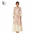 Elegant Floral Print Maxi Dress Womens Long Sleeve Mandarin Collar Belted a Line Evening Dress Vintage Formal Party Gown MegaBDM