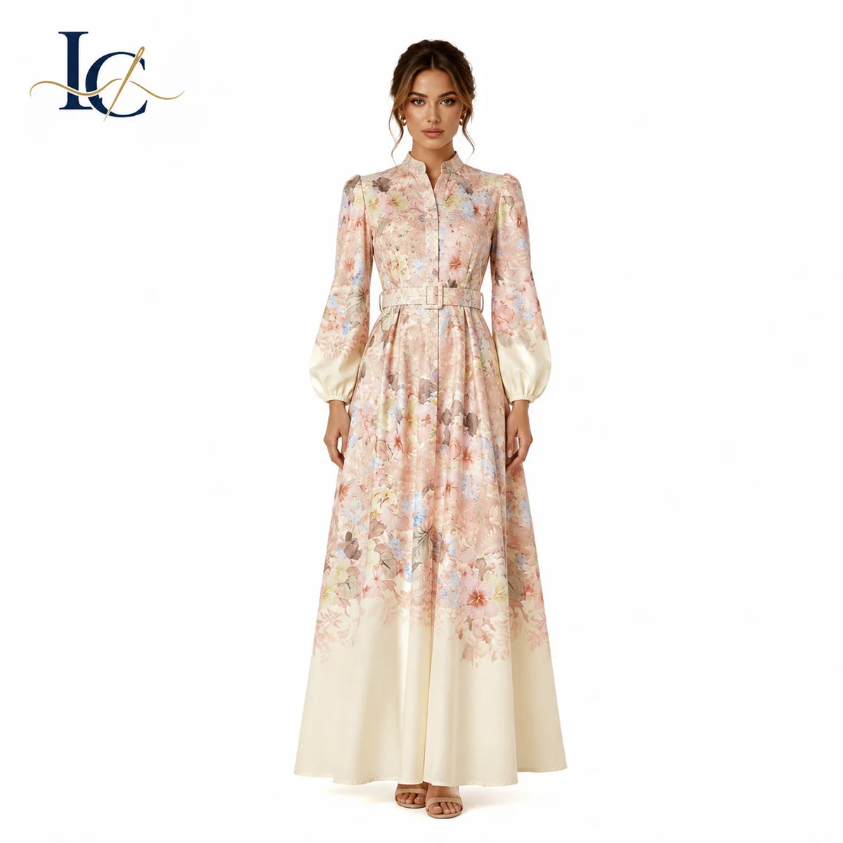 Elegant Floral Print Maxi Dress Womens Long Sleeve Mandarin Collar Belted a Line Evening Dress Vintage Formal Party Gown MegaBDM