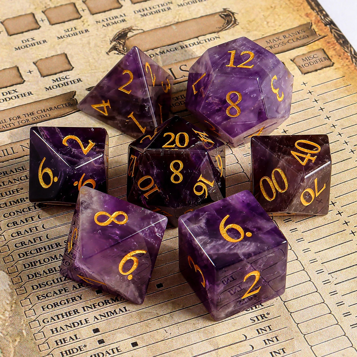 Polyhedral Amethyst Dice 7 Pieces Set Board Games Natural Stone DND Dice Set for Dungeons and Dragons Role Playing Table Game