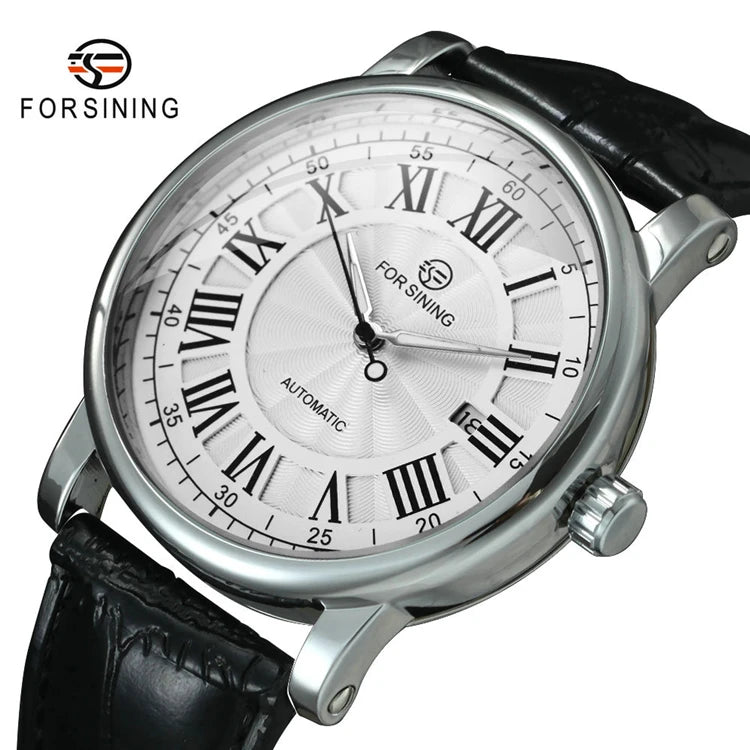 FORSINING TM142 Luxury Men Automatic Watch Retro Mechanical Man Wristwatch Black Leather Band Luminous Hands Waterproof Clock