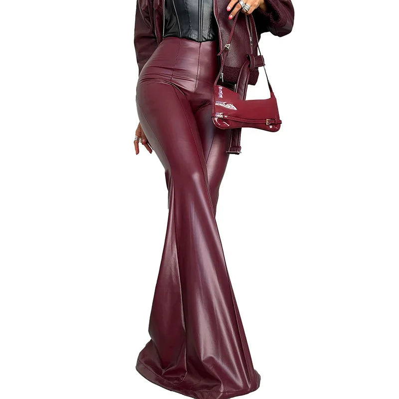 2025 European American Women's High-Waisted Flared PU Leather Pants New Summer Long Pants With Photosensitive Feature