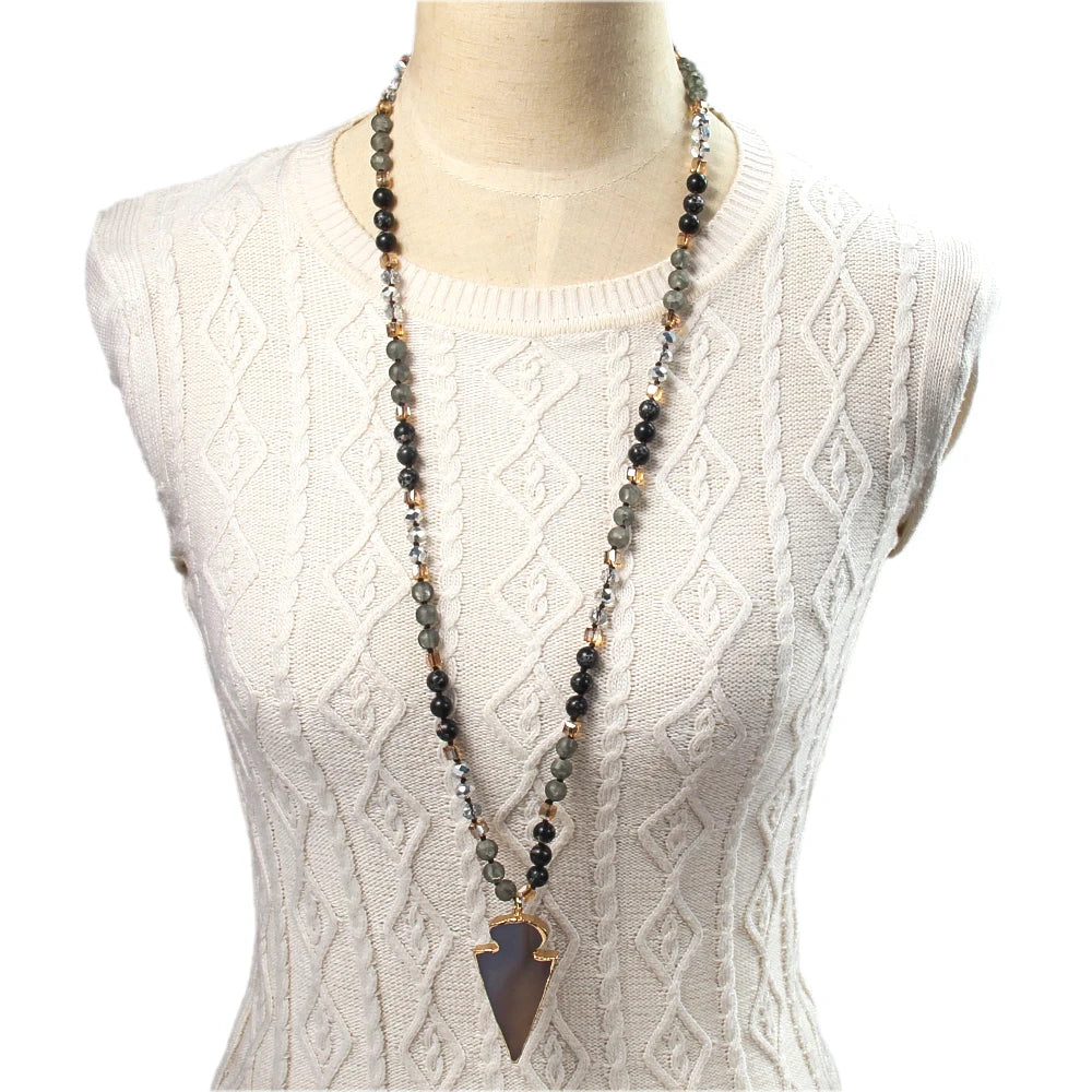 New Fashion Bohemian Style Women's Jewelry 8mm Natural Stone Glass Knot Necklace Agate Arrow Pendant Necklace
