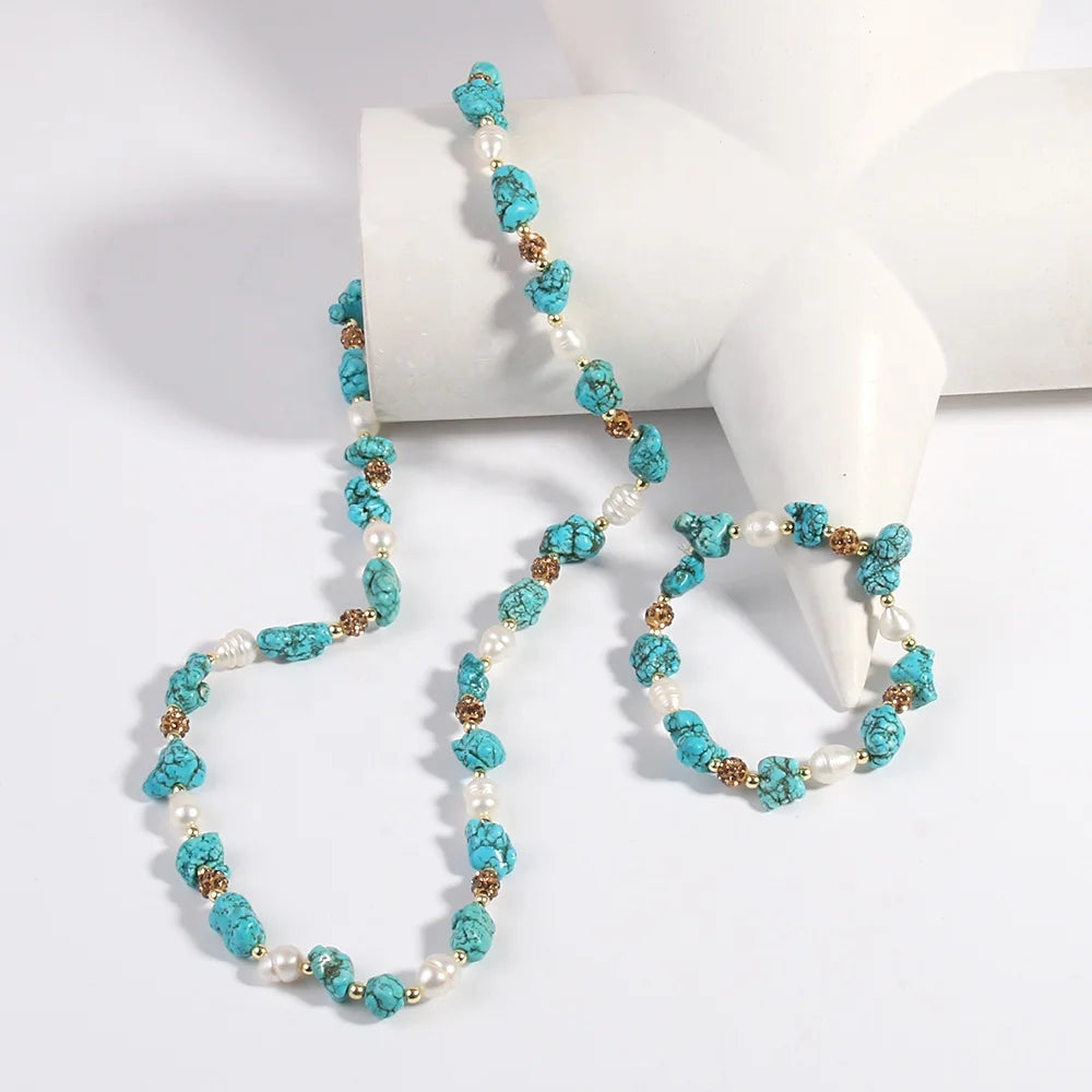 Vintage Ethnic Turquoise Necklace Bracelet Set Irregular Blue Turquoise Pearl Rhinestone Ball Beaded Necklace Bracelet Set