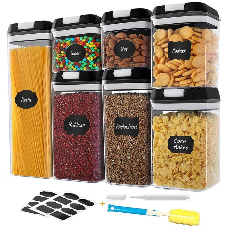 Airtight Plastic clear Sugar Flour Dry Food Cereal Kitchen Organizers 7 Pack Food Storage Containers Sets